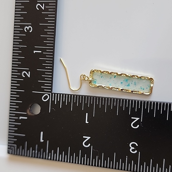 GOLD Framed Acrylic translucent  Blue bar SPARKLE earrings - Picture 3 of 4